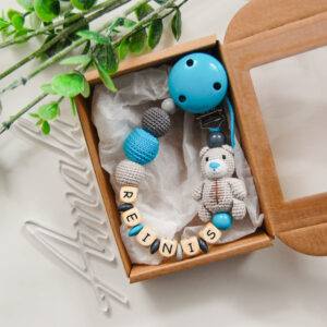 Personalizēts knupīša turētājs ar Lāčuku - Tirkīzzils/pelēks