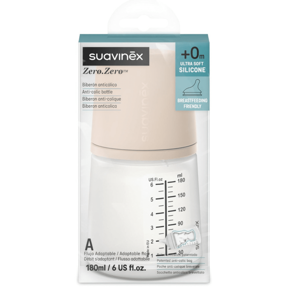 Suavinex Zero Zero pudelīte 180ml ar regulējamās plūsmas knupīti iepakojumā