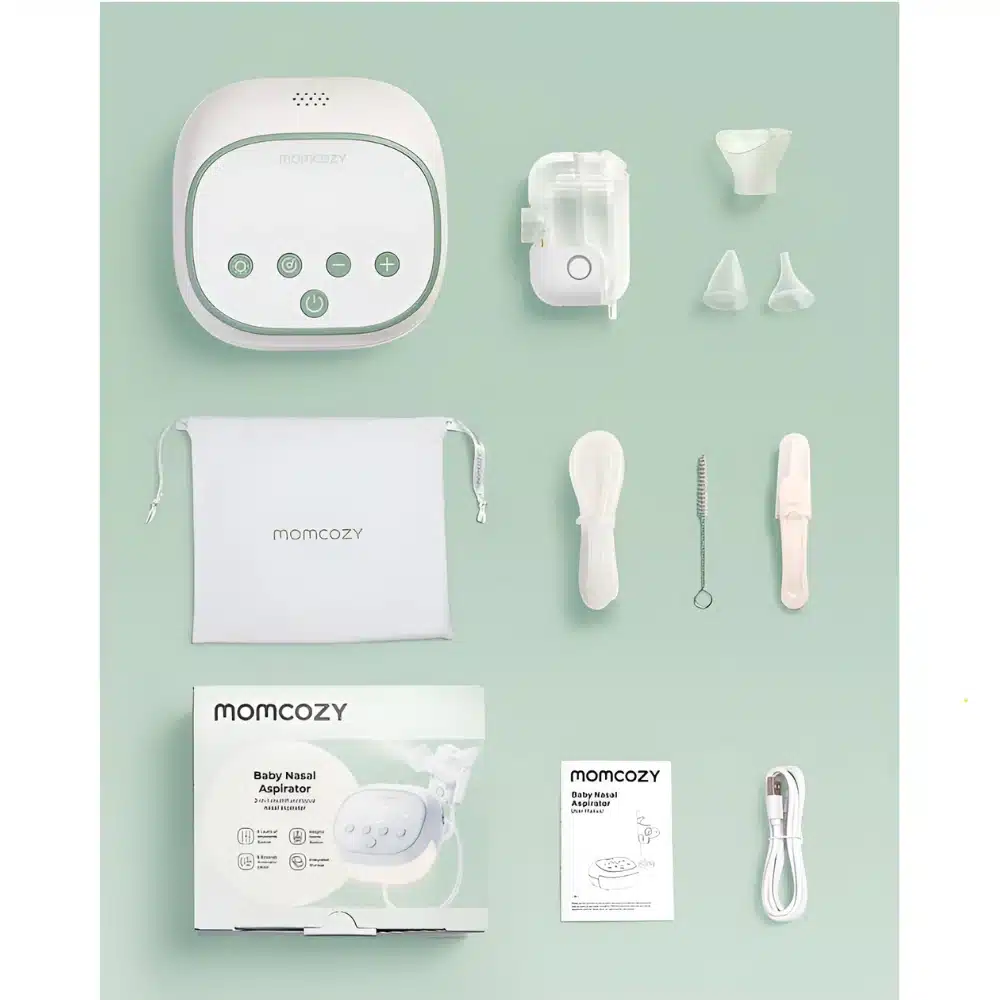 MOMCOZY BREEZYCLEAR PRO™ elektriskais deguna aspirators zīdaiņiem komplektācija