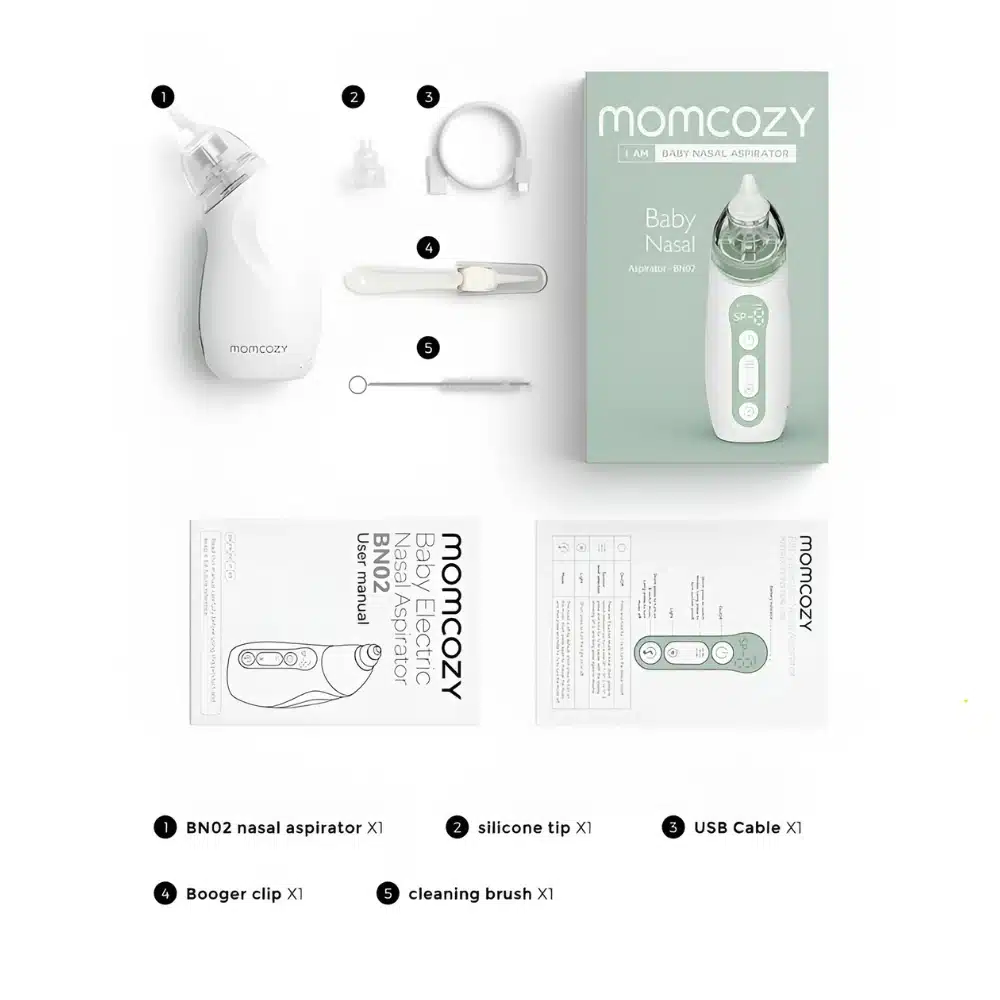 MOMCOZY zīdaiņu deguna aspirators ar ilgstošas darbības bateriju komplektācija