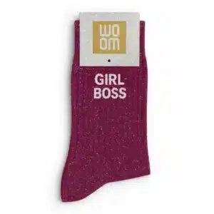 Sieviešu zeķes ar spīdumiem un uzrakstu Woom - Girl Boss