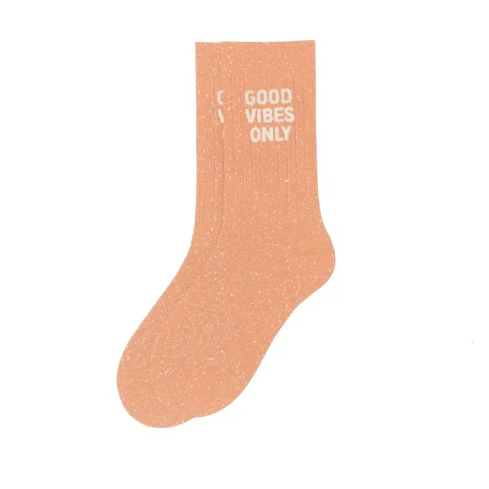 Sieviešu zeķes ar spīdumiem un uzrakstu Woom - Good vibes only Peach