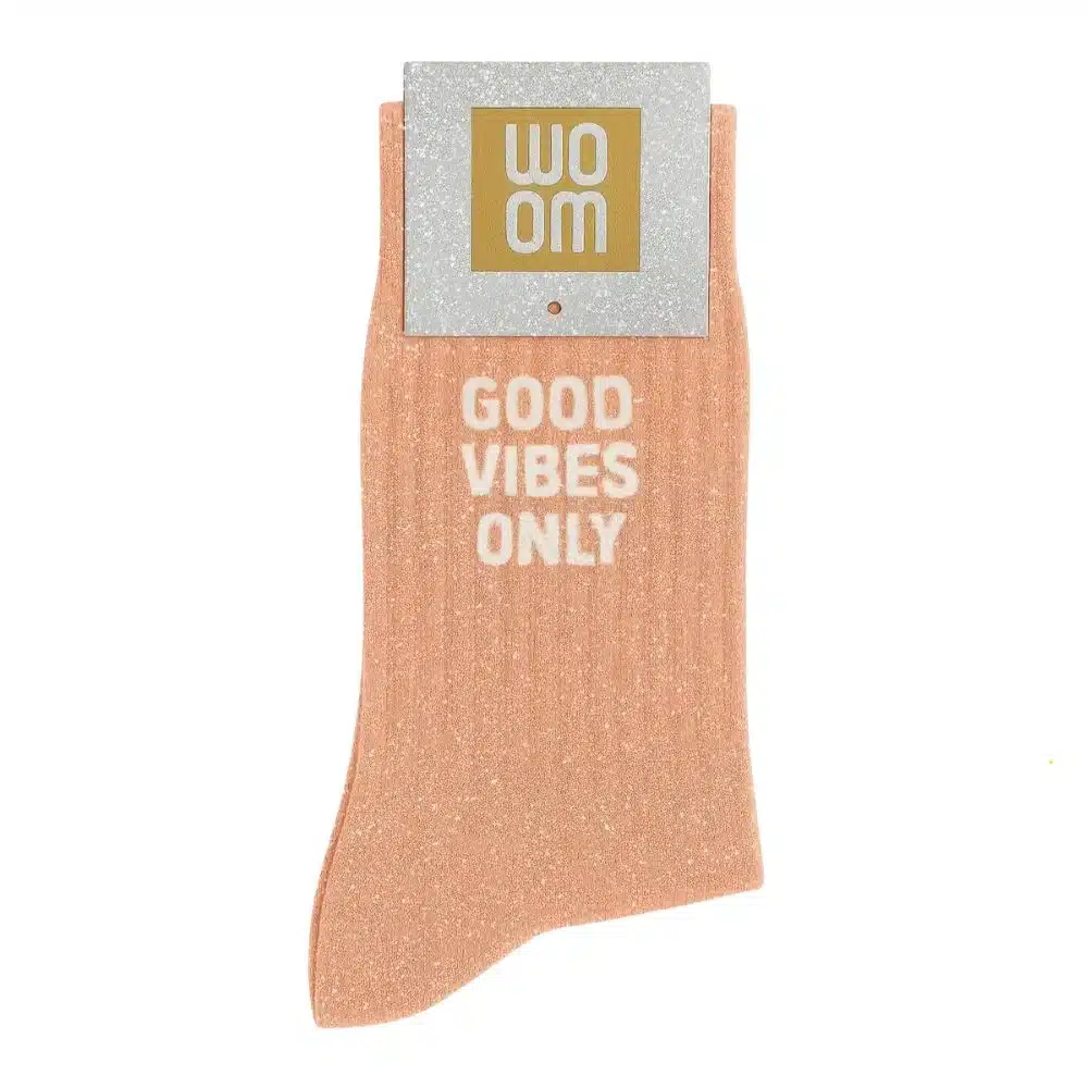 Sieviešu zeķes ar spīdumiem un uzrakstu Woom - Good vibes only