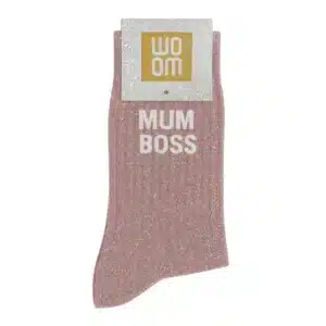 Sieviešu zeķes ar spīdumiem un uzrakstu Woom - Mum Boss